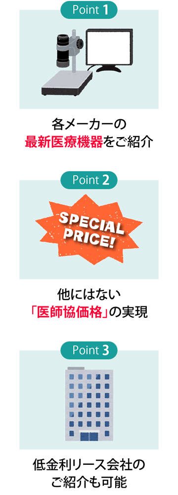 各メーカーの最新医療機器をご紹介　他にはない医師協価格の実現　低金利リース会社のご紹介も可能
