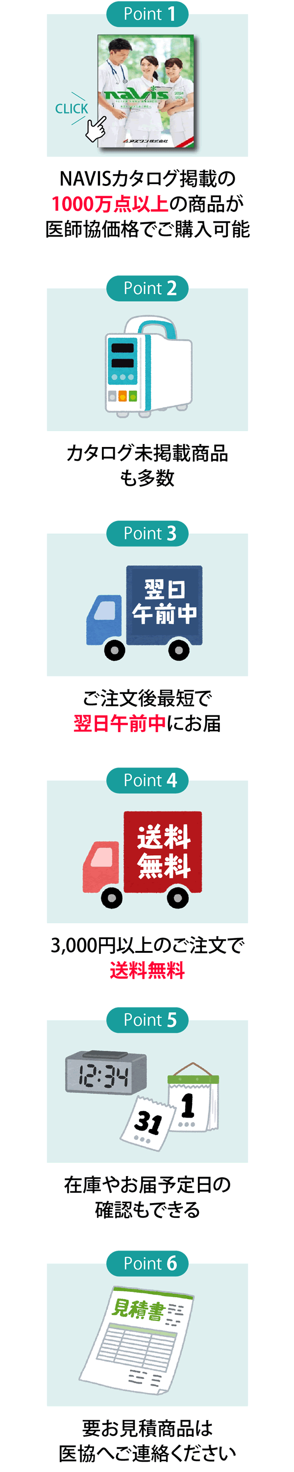 NAVISカタログ掲載の1000万点以上の商品が医師協価格でご購入可能　カタログ未掲載商品も多数　ご注文後最短で翌日午前中にお届　3,000円以上のご注文で送料無料　在庫やお届予定日の確認もできる　要お見積商品は医協へご連絡ください
